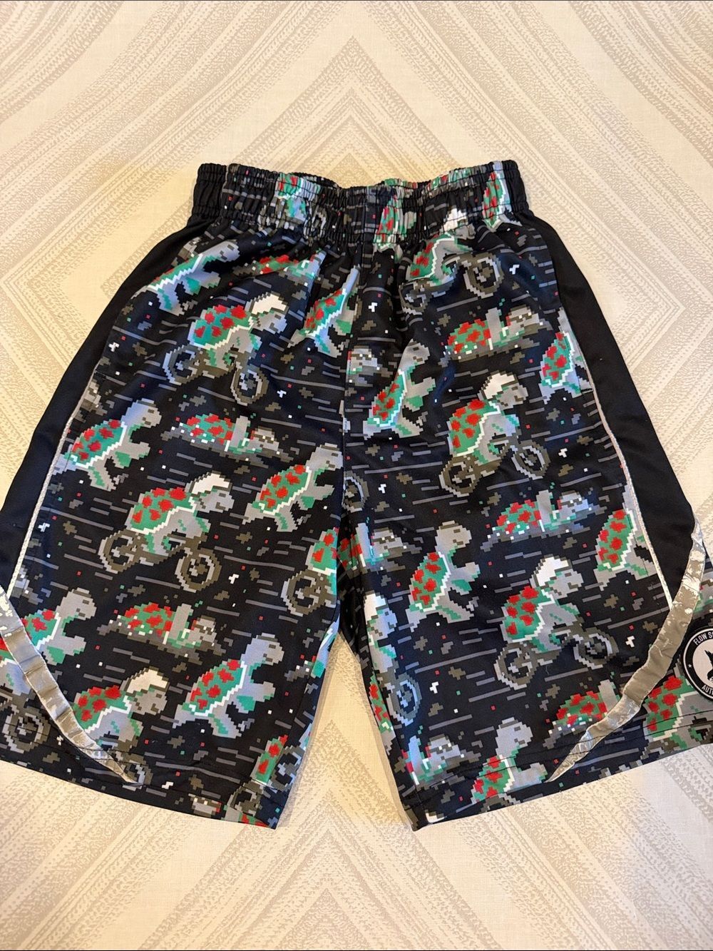 Flow Society Youth Medium Black Pixel Turtle Motorcycle Print Athletic Shorts